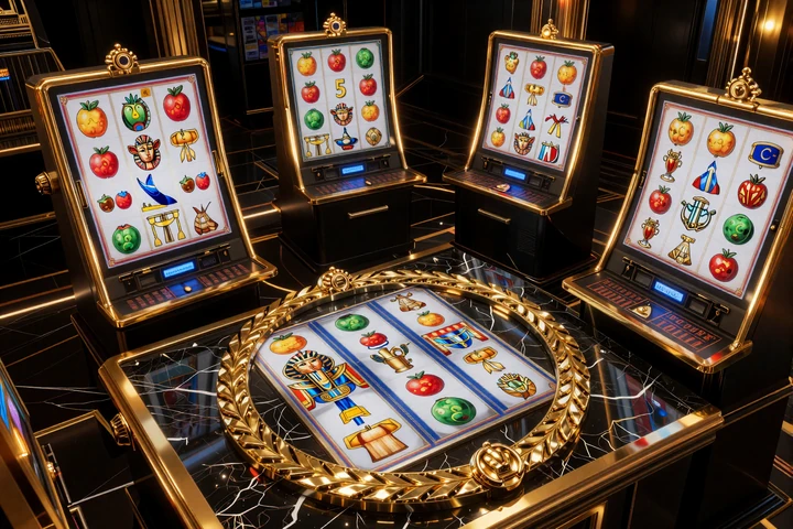 Schwebende Slot-Bildschirme &uuml;ber schwarzem Marmor - Legiano Casino Spielbibliothek