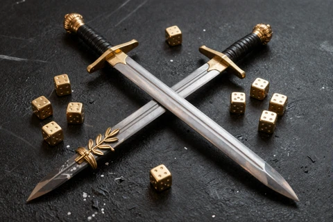 Gladiator-Schwert und goldene W&uuml;rfel auf schwarzem Marmor - Legiano Casino Spiele