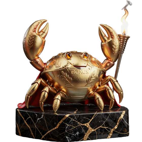 Goldener Bonus Crab Maskottchen mit roter Toga auf schwarzem Marmorsockel - Legiano Casino