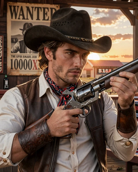 Westernrevolverheld vor Saloon aus Wanted Dead or a Wild von Hacksaw Gaming bei Legiano