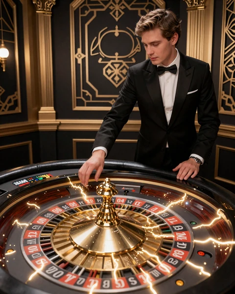 Croupier Marcus am Lightning Roulette Tisch mit goldenen Blitzeffekten - Evolution bei Legiano