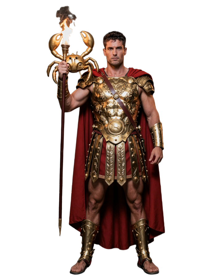 R&ouml;mischer Gladiator Maximus mit goldenem Bonus Crab Maskottchen auf der Schulter vor schwarzem Marmor - Legiano Casino Hero